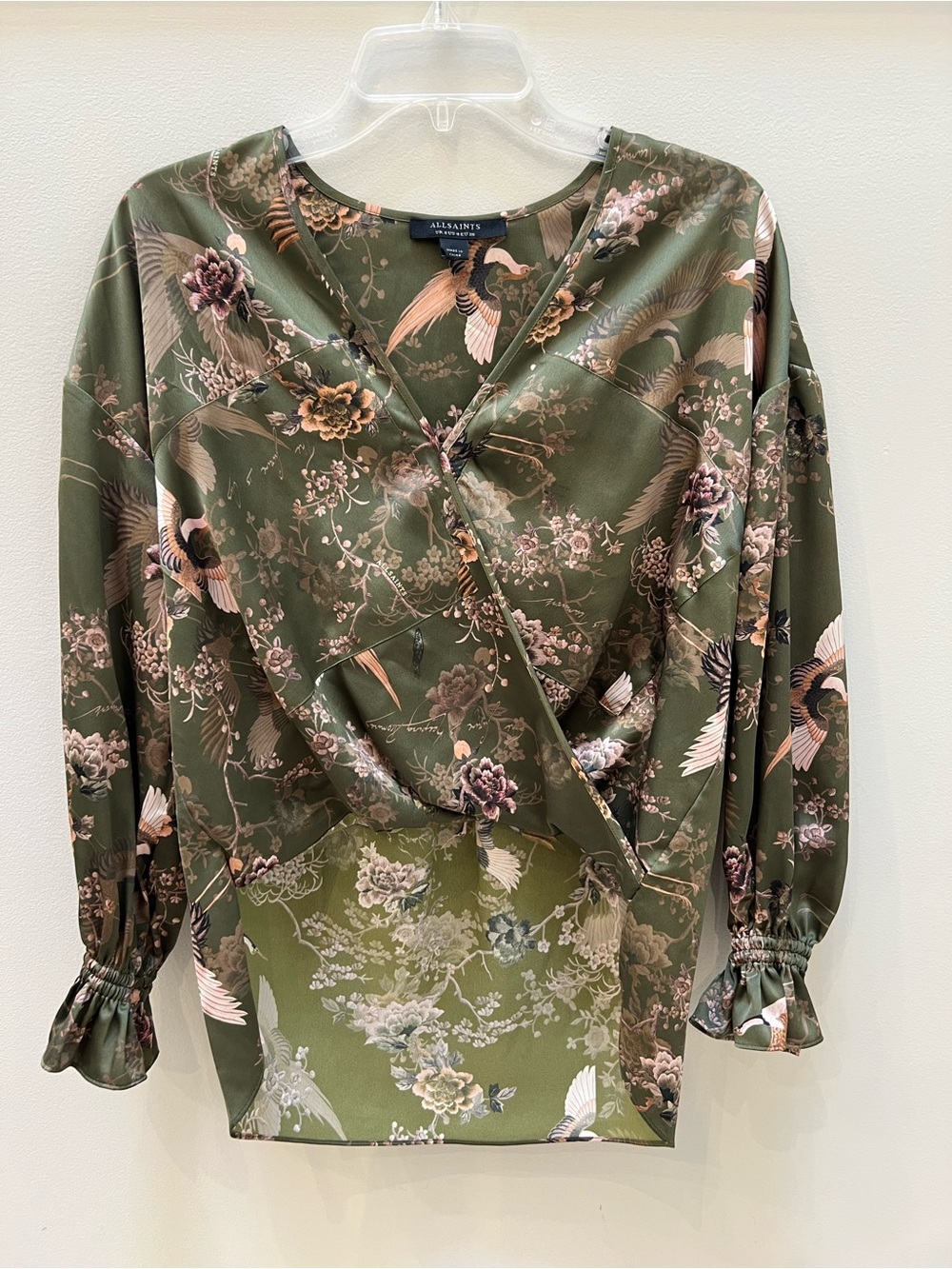 All Saints Olive Green Floral & Bird Wrap Blouse